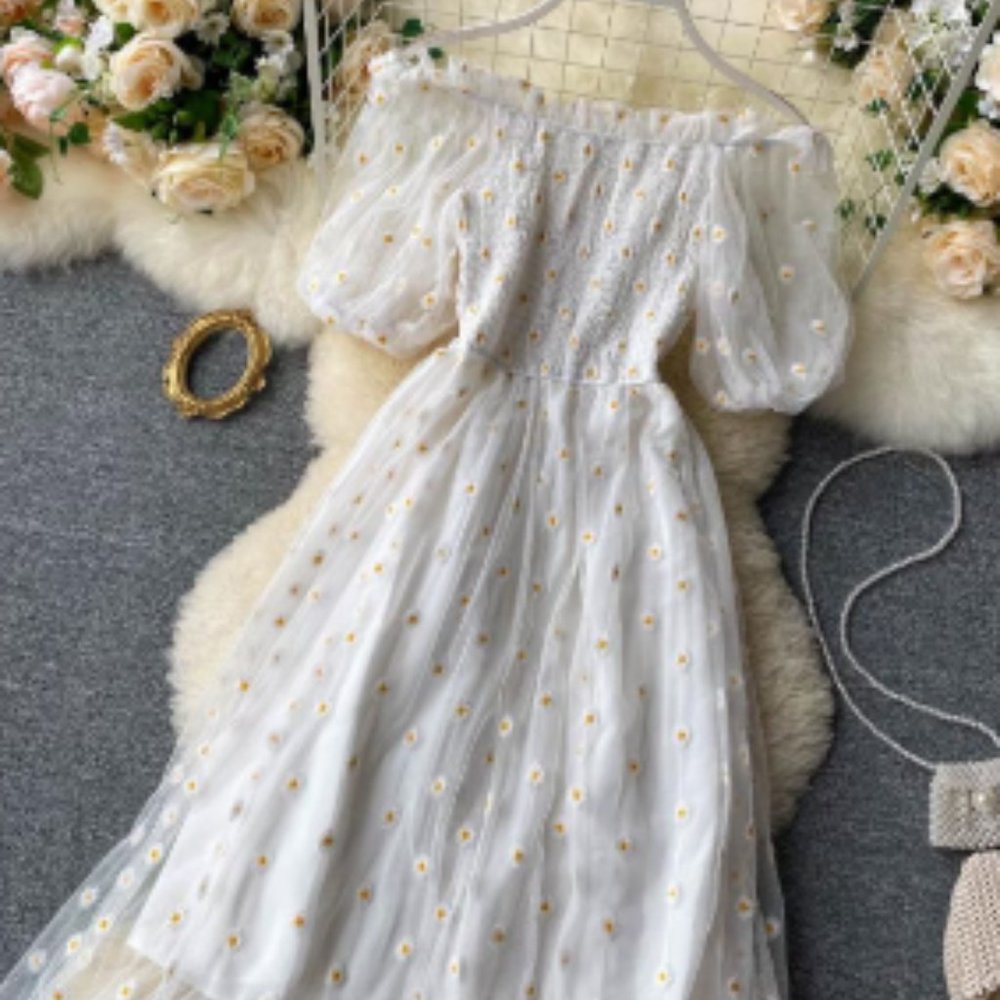 Ivory Puff Sleeve Tulle Mesh Smocked Chest Daisy Embroidered Dress - Picture 12 of 15